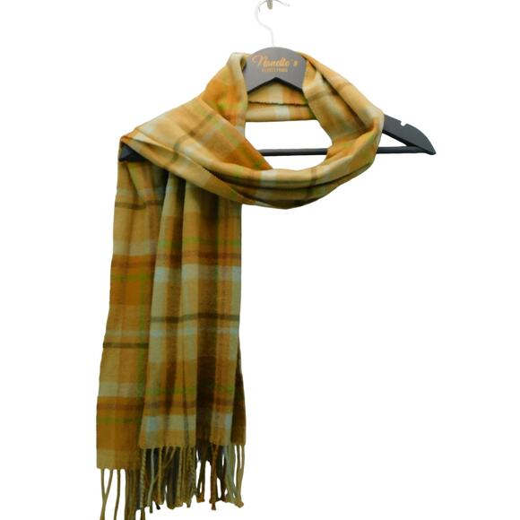 Cashmere 100%  Plaid Scarf Fringe with tones of Yellow, Brown, Cream and Green - Picture 4 of 11